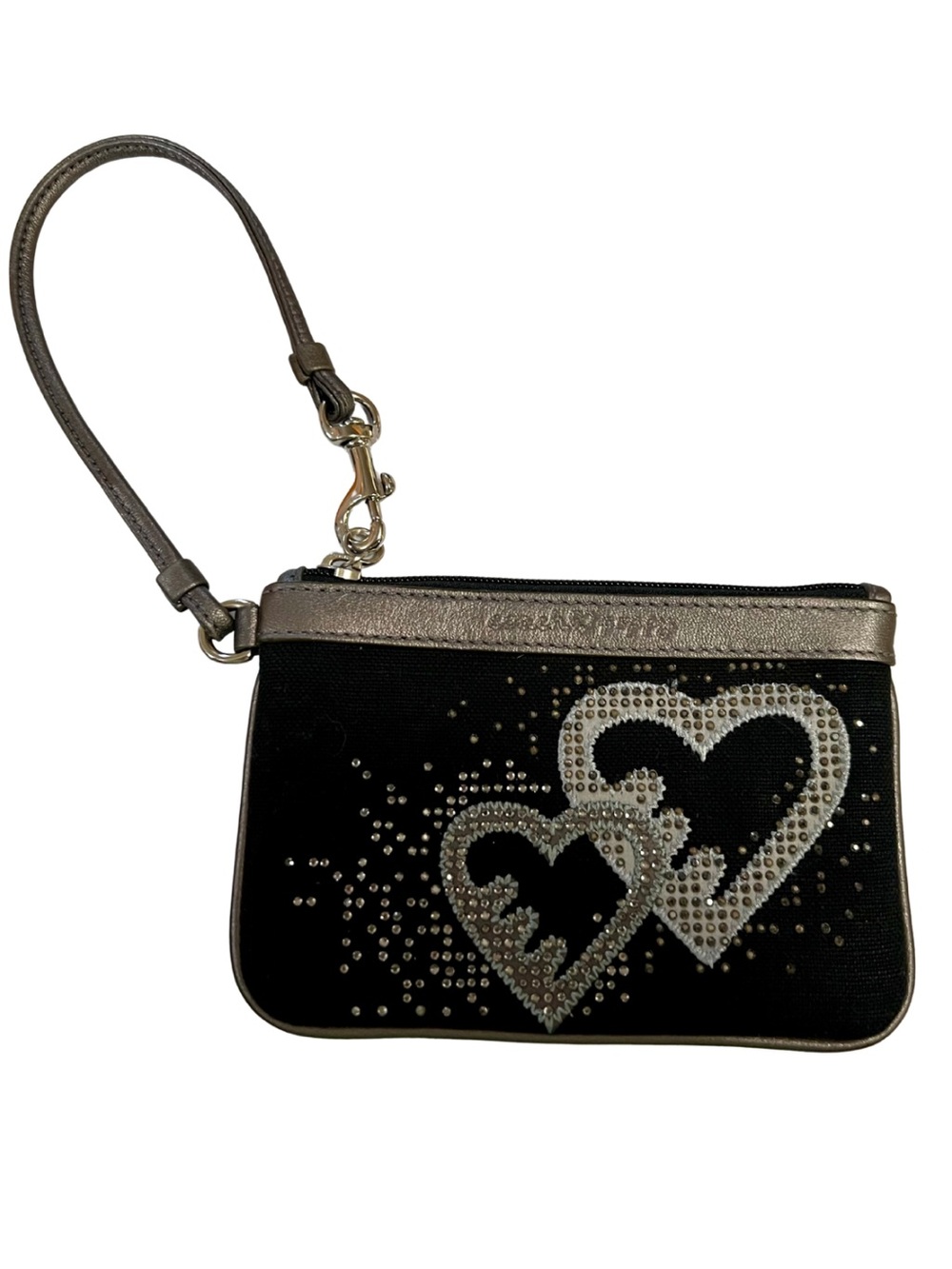 Coach Poppy Black Canvas Rhinestone Heart Wristlet Like New